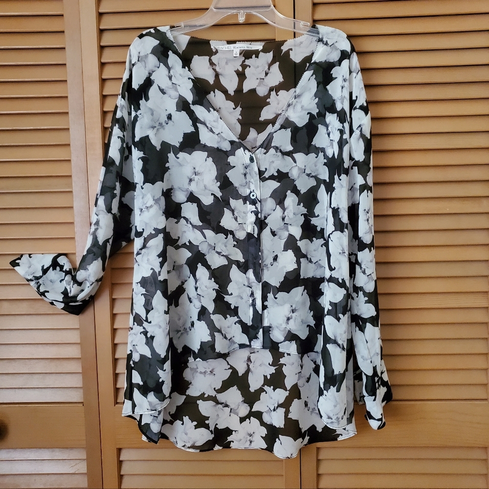 Rachel Roy high-low tunic blouse, sheer, black white and shades of grey.